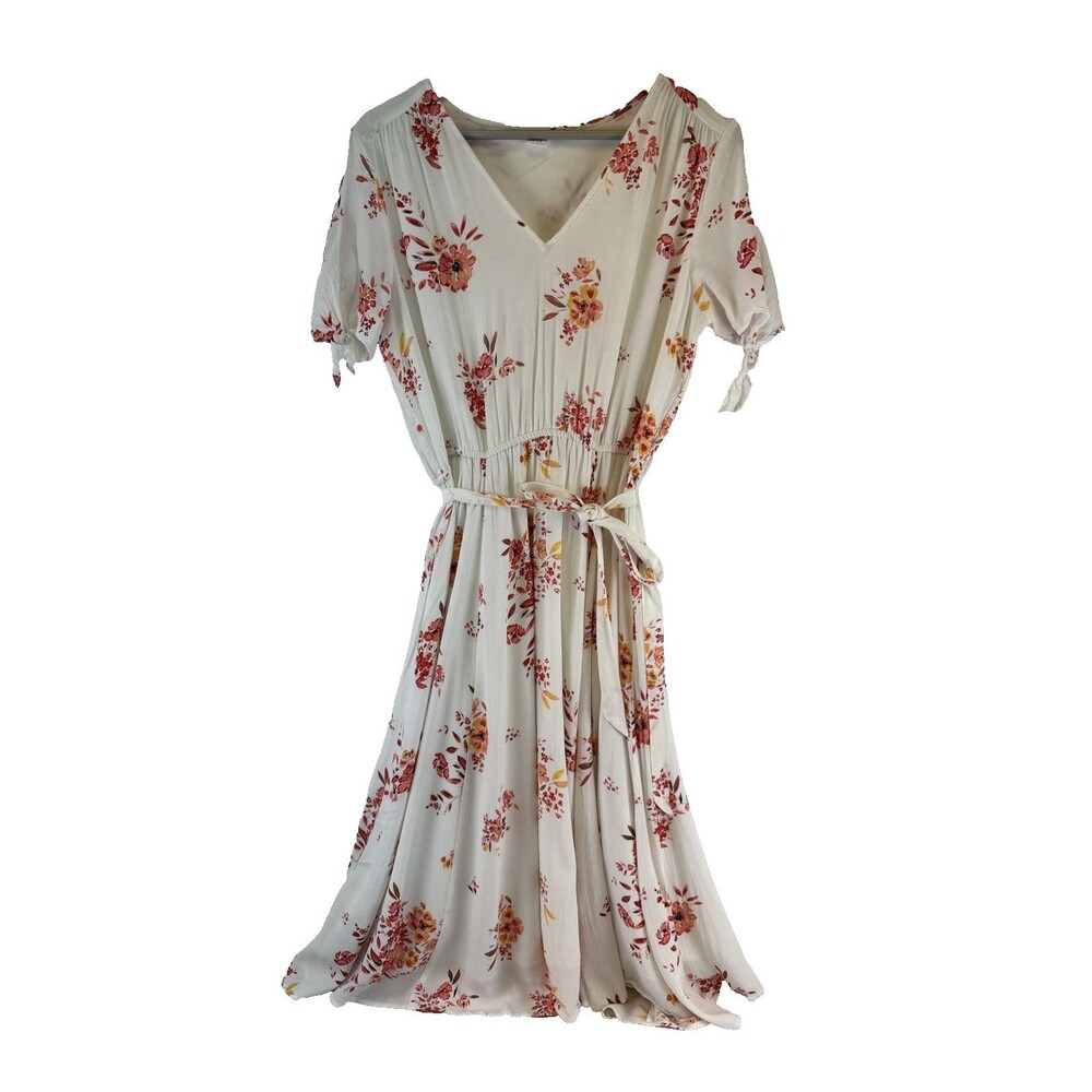 GAP Tie Sleeve White Floral Midi Dress Pink V-Neck Flare Belt‎ Women Medium Tall